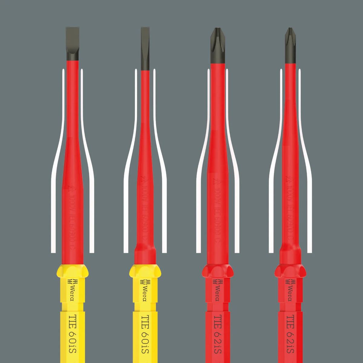 Diagram comparing Wera Kraftform Kompakt VDE GO RA 2 slim insulated blades against standard insulation profiles for reaching recessed screws.