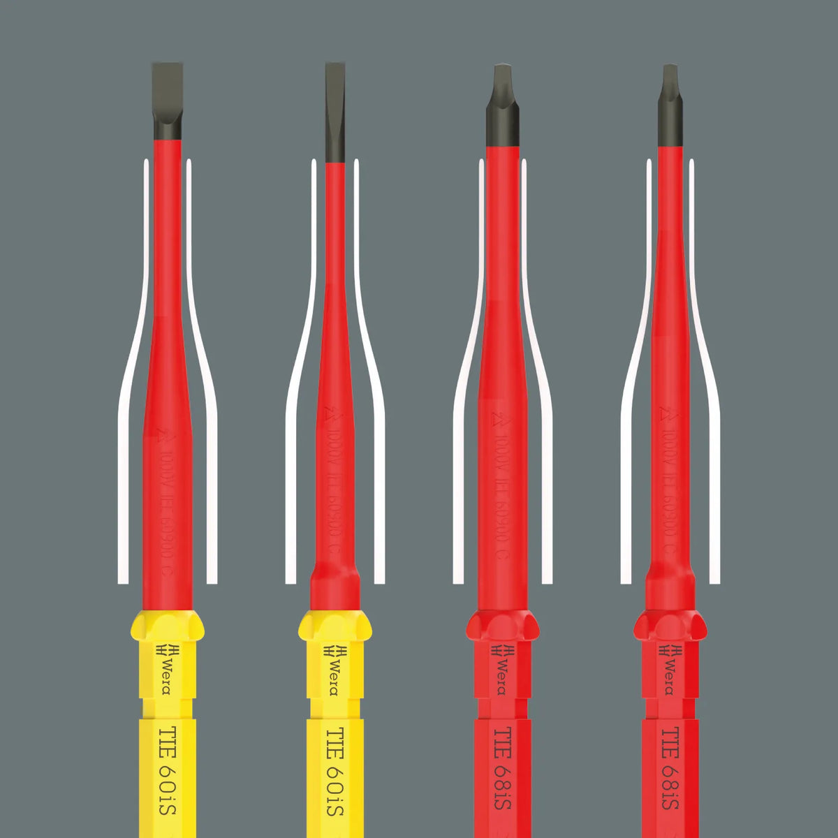 Diagram comparing Wera Kraftform Kompakt VDE GO RA 3 slim insulated blades against standard insulation profiles for reaching recessed square and slotted screws.