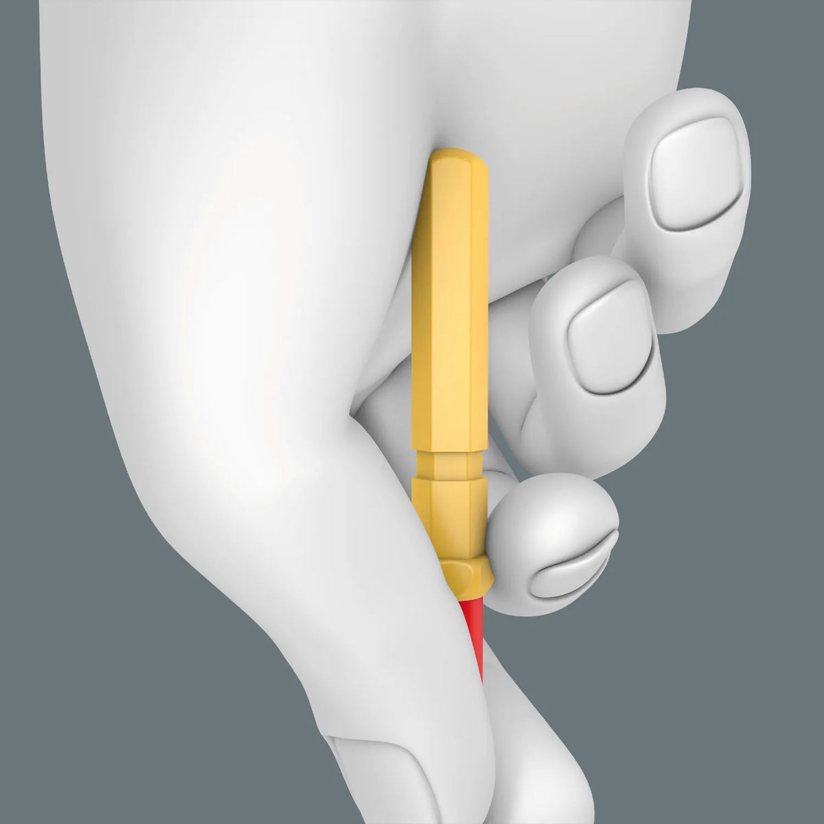 Close-up of a hand rapidly spinning the yellow precision zone on a Wera VDE interchangeable blade for fast pre-tightening.