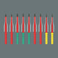 Lineup of eight Wera VDE slim interchangeable blades showing reduced shaft insulation diameters for accessing low-lying screws.