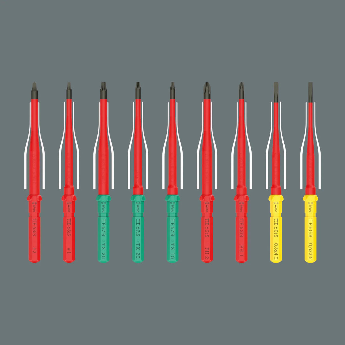 Lineup of eight Wera VDE slim interchangeable blades showing reduced shaft insulation diameters for accessing low-lying screws.