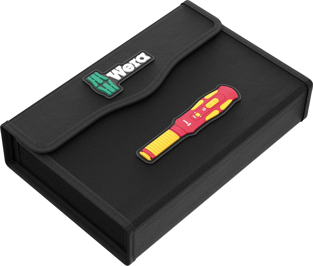 Closed black Wera textile storage case with hook-and-loop closure featuring the Wera logo and a torque screwdriver icon patch.