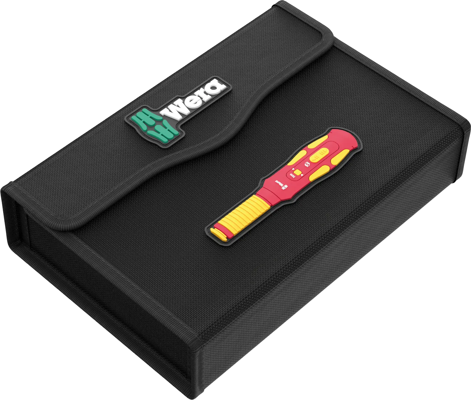 Closed black Wera textile storage case with hook-and-loop closure featuring the Wera logo and a torque screwdriver icon patch.