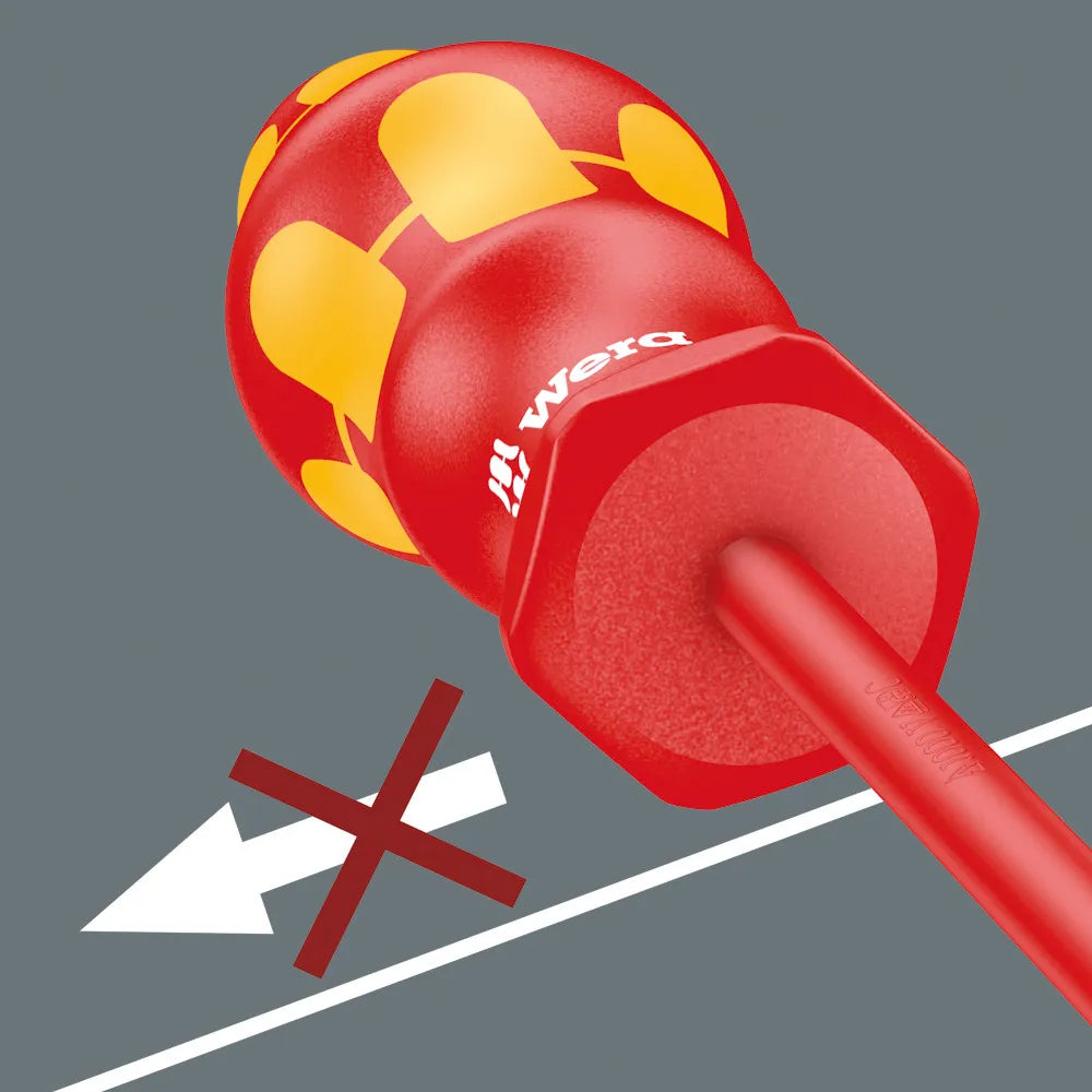 Diagram demonstrating the anti-roll hexagonal handle feature on a Wera Kraftform VDE insulated screwdriver