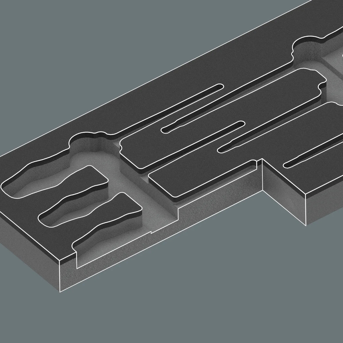 Precision tool cutouts inside an empty two-color Wera shadow foam insert for VDE insulated screwdrivers