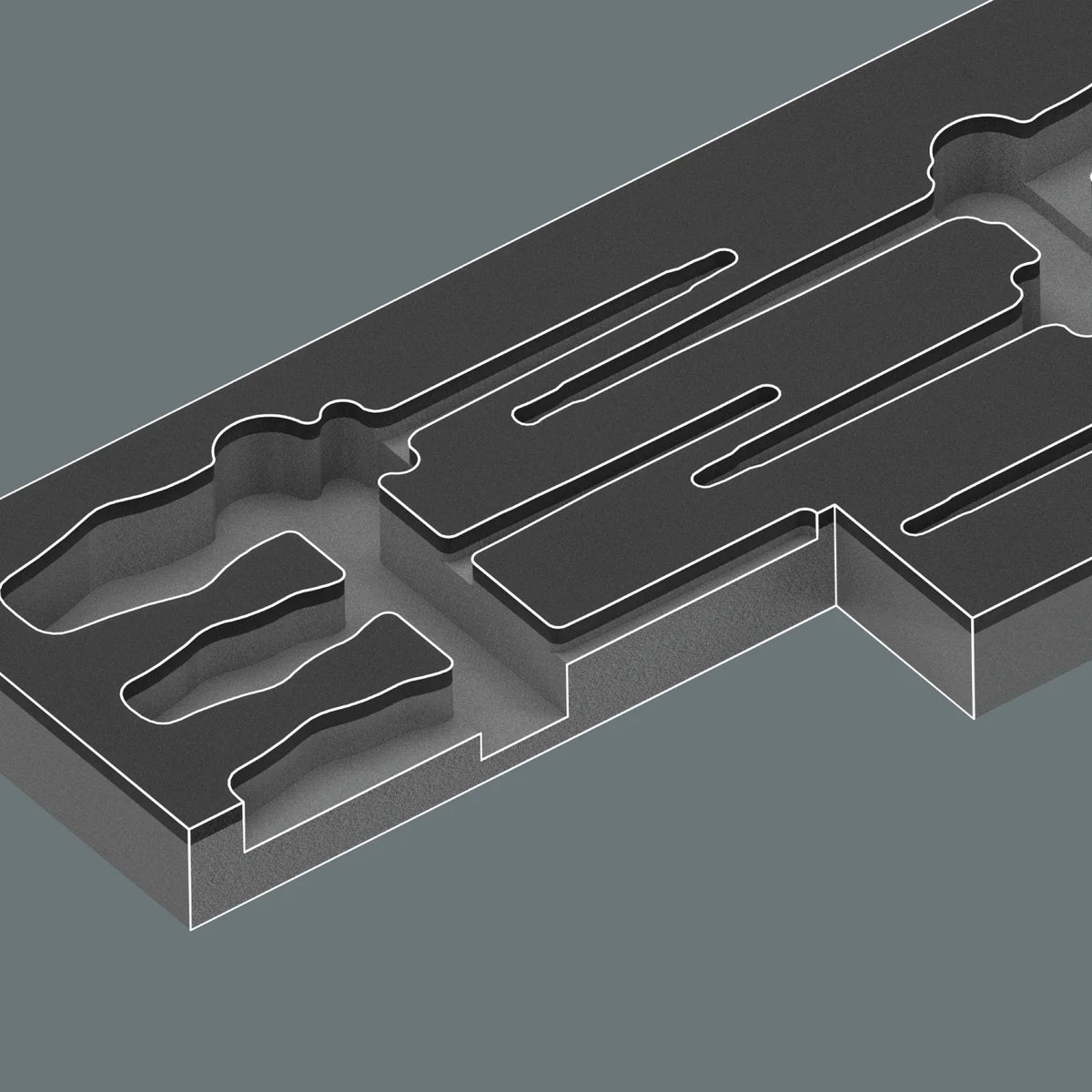 Precision tool cutouts inside an empty two-color Wera shadow foam insert for VDE insulated screwdrivers