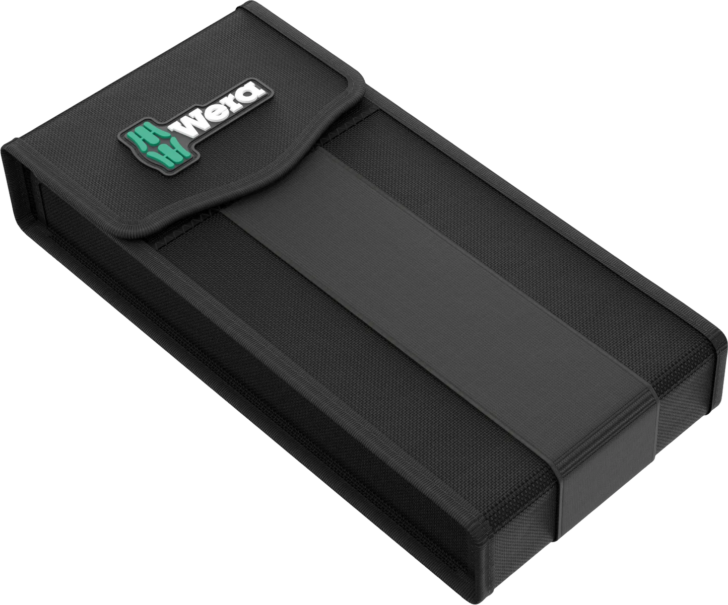 Closed compact black Wera textile carrying pouch featuring rubberized logo patch and elastic closure band.