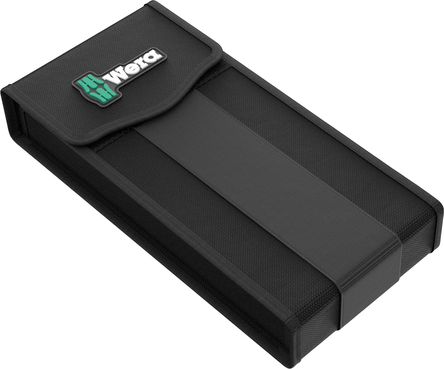 Closed compact black Wera textile carrying pouch featuring rubberized logo patch and elastic closure band.