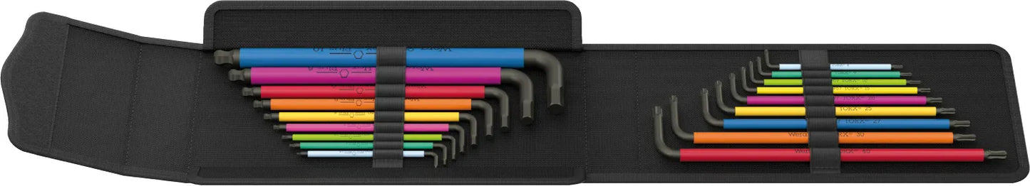 Wera 19-piece metric Hex-Plus and TORX L-key set arranged horizontally in laid-flat black textile storage pouch.
