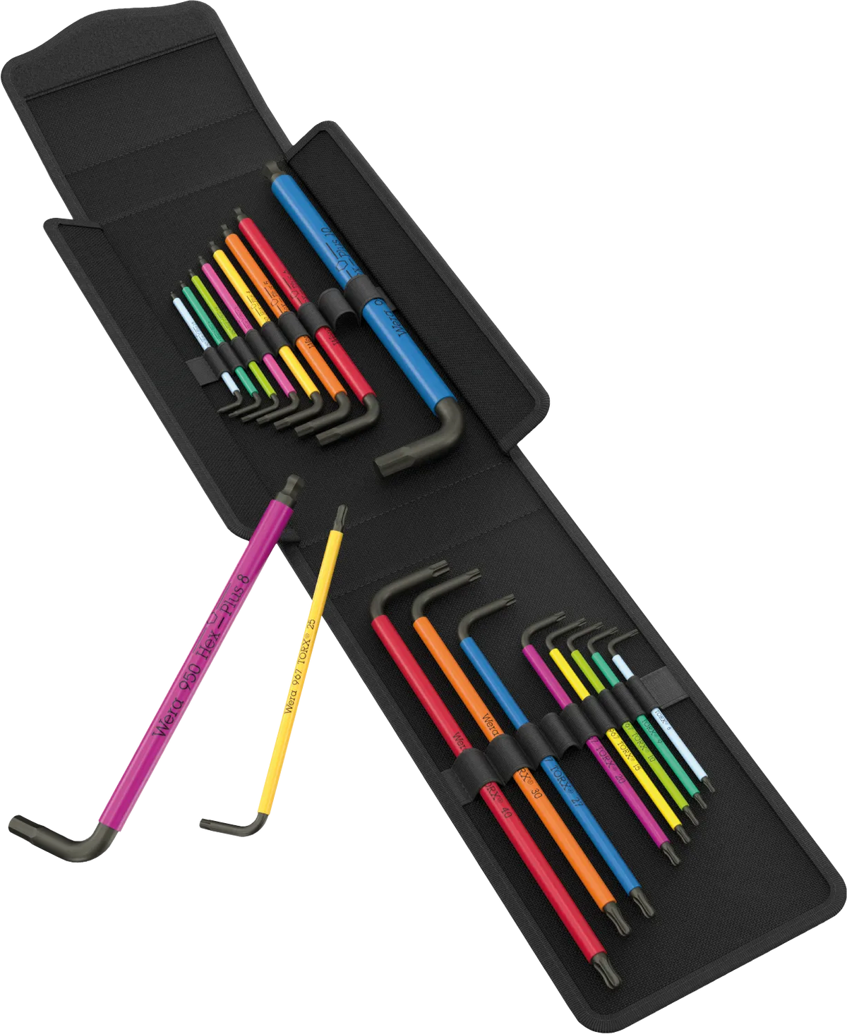Wera Big Pack Multicolor Metric Hex-Plus and TORX L-key set displayed inside fully open textile storage pouch.