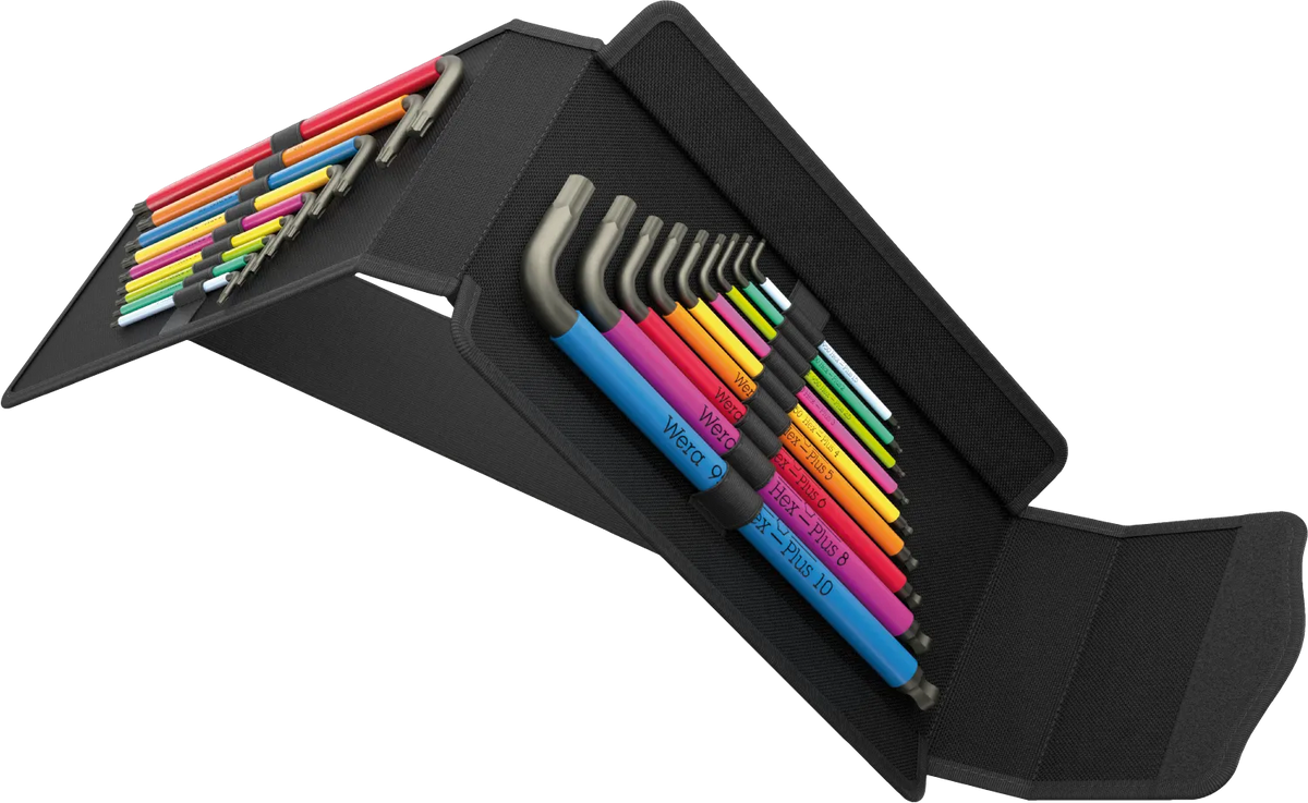 Angled view of standing Wera folding textile case displaying both Hex-Plus and TORX L-key holder sections.