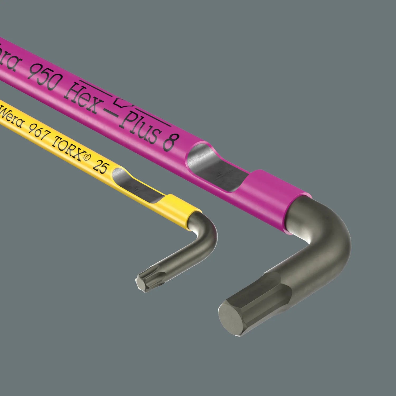 Close-up view of Wera Hex-Plus and TORX L-keys showing smooth plastic color-coded sleeves and BlackLaser tips.