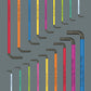 Symmetrical array of 18 Wera Hex-Plus and TORX L-keys demonstrating Take it Easy color coding system.