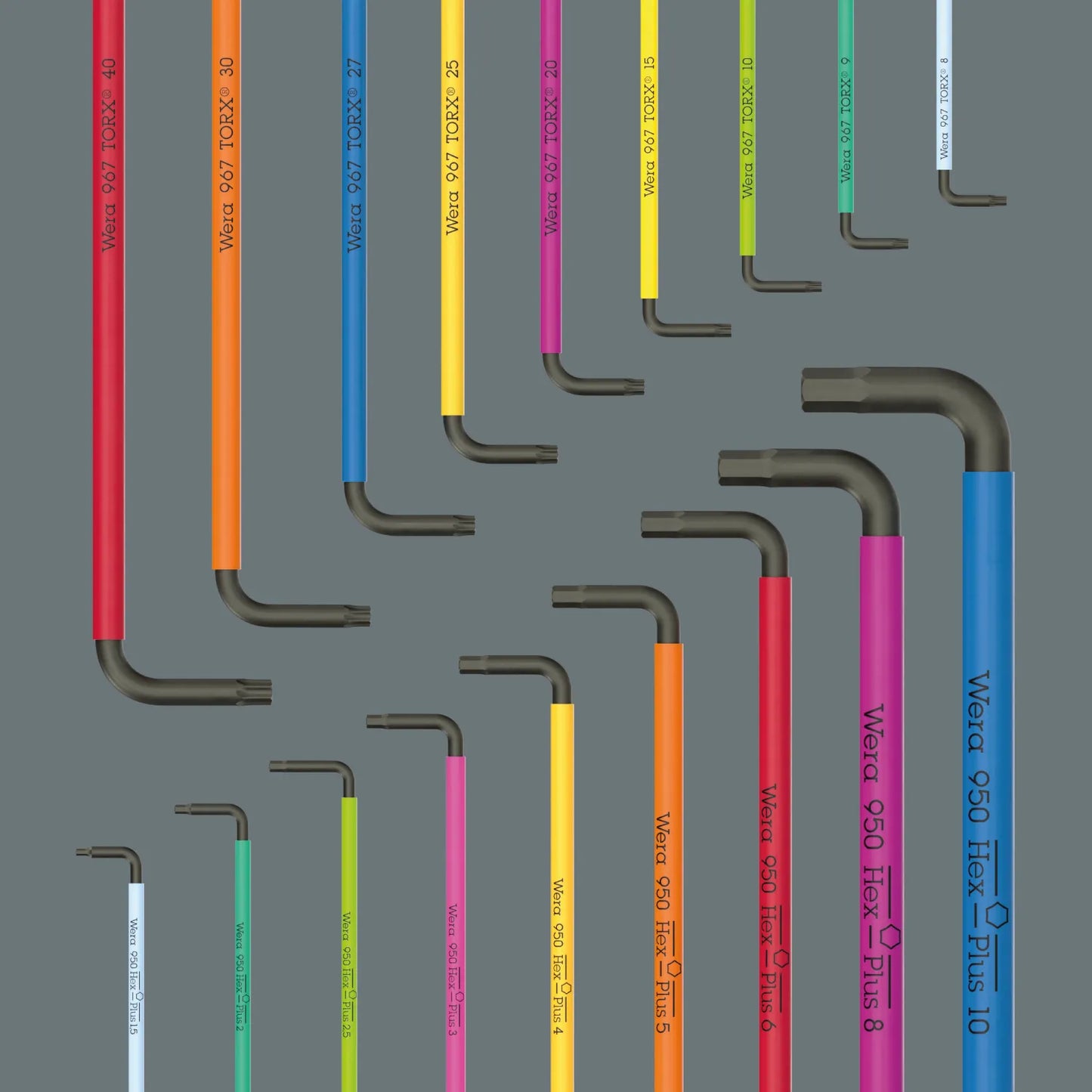 Symmetrical array of 18 Wera Hex-Plus and TORX L-keys demonstrating Take it Easy color coding system.