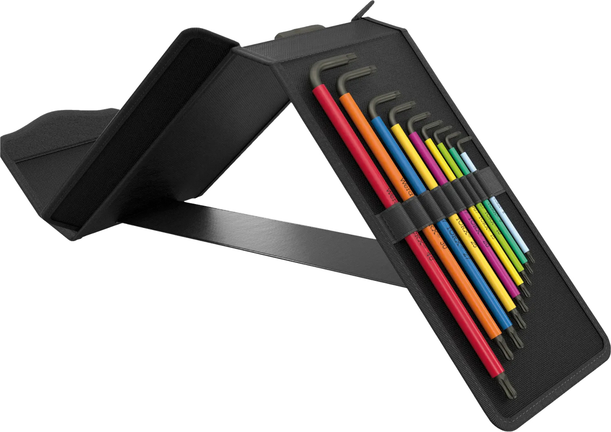 Pop-up textile case set up vertically showing nine color-coded Wera TORX L-keys in dedicated holding loops.