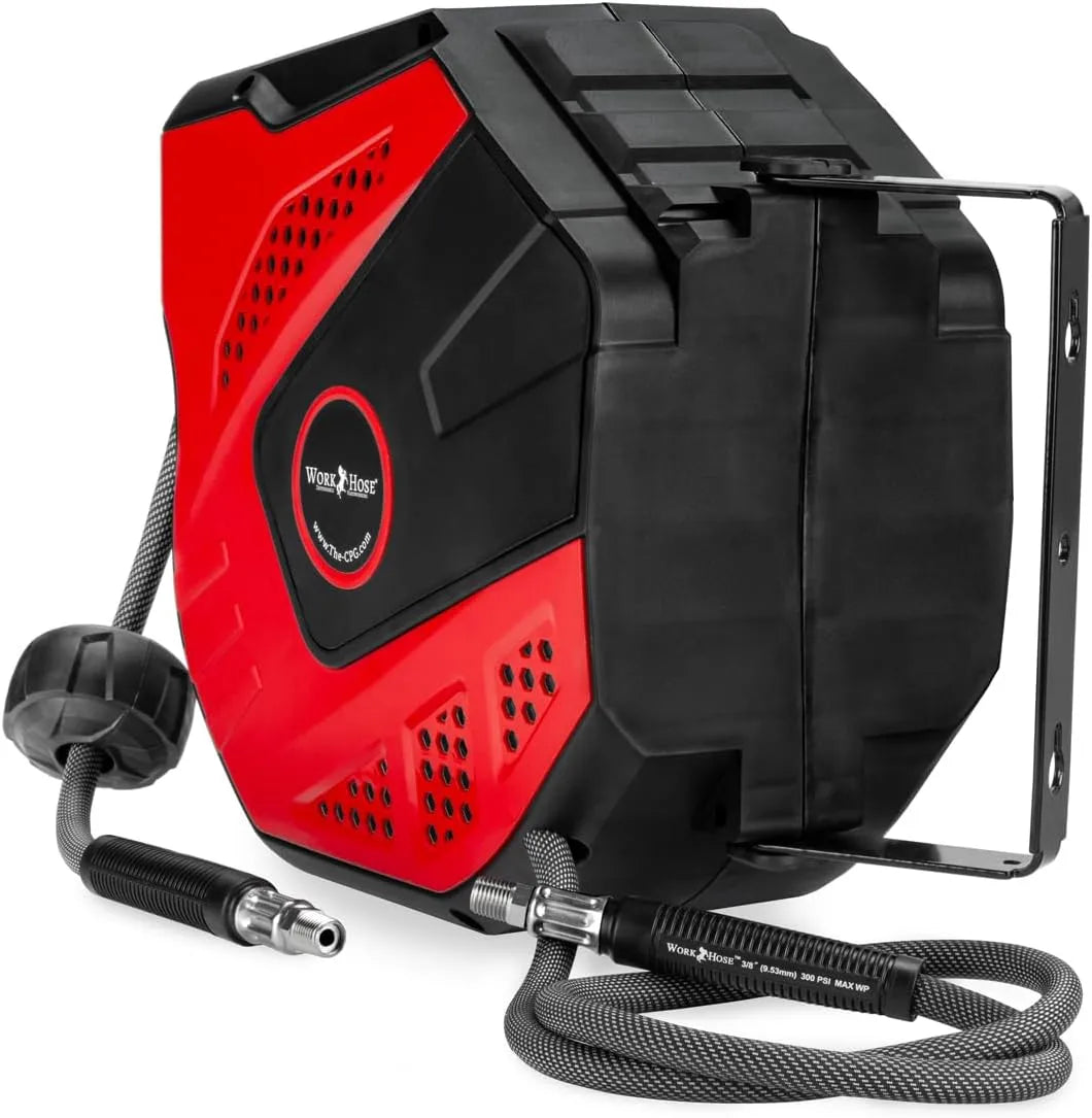 Rear view of Work Hose retractable reel enclosure highlighting steel bracket mounting interface