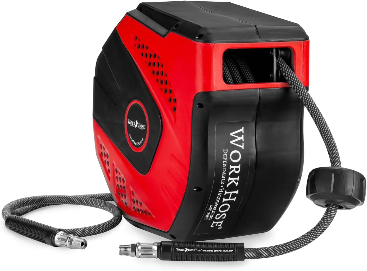 Work Hose 1600 Series red and black enclosed retractable air hose reel 3/8 inch 50 ft