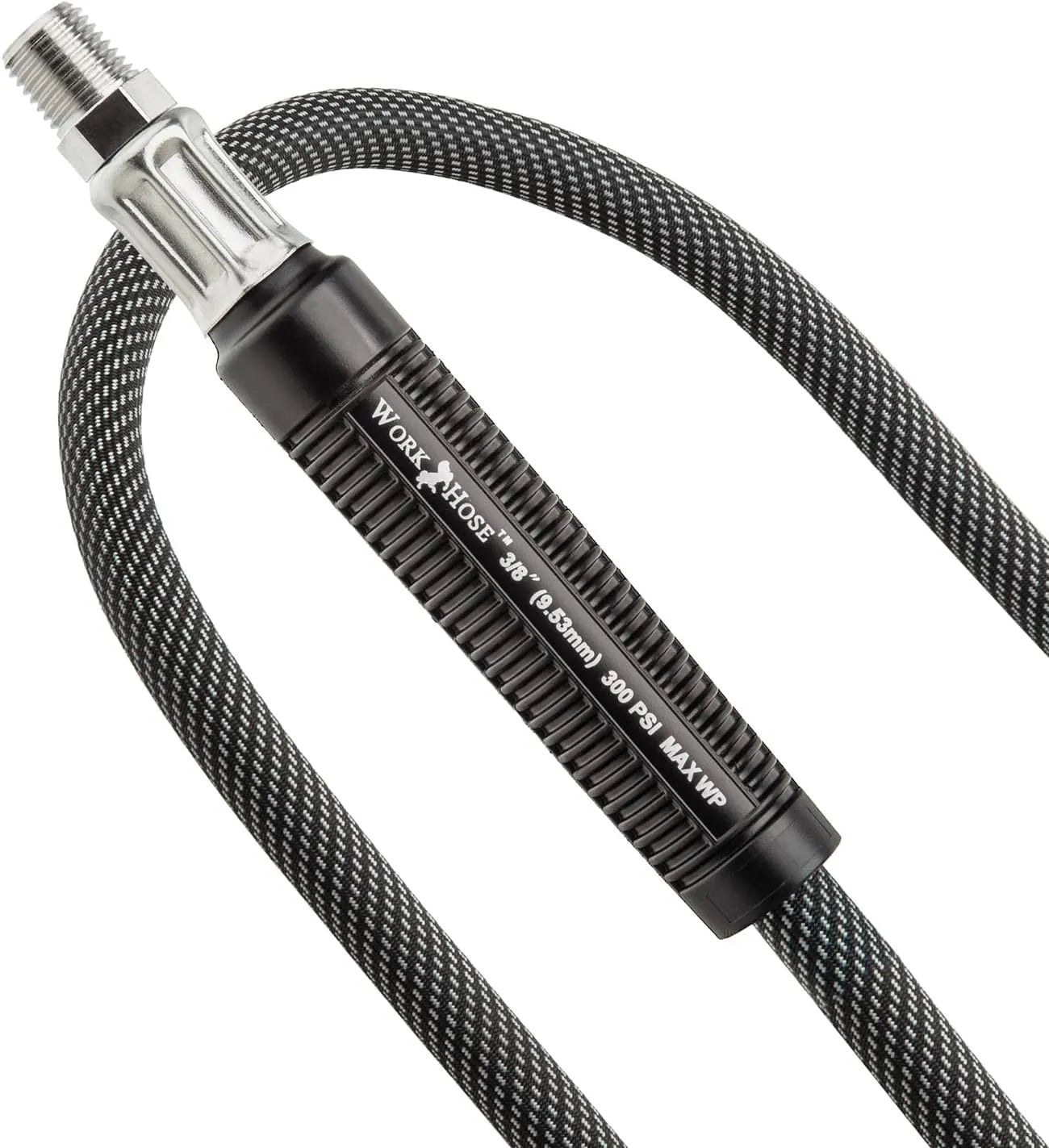 Close up of 3/8 inch 300 PSI max WP Work Hose fitting and protective strain relief boot