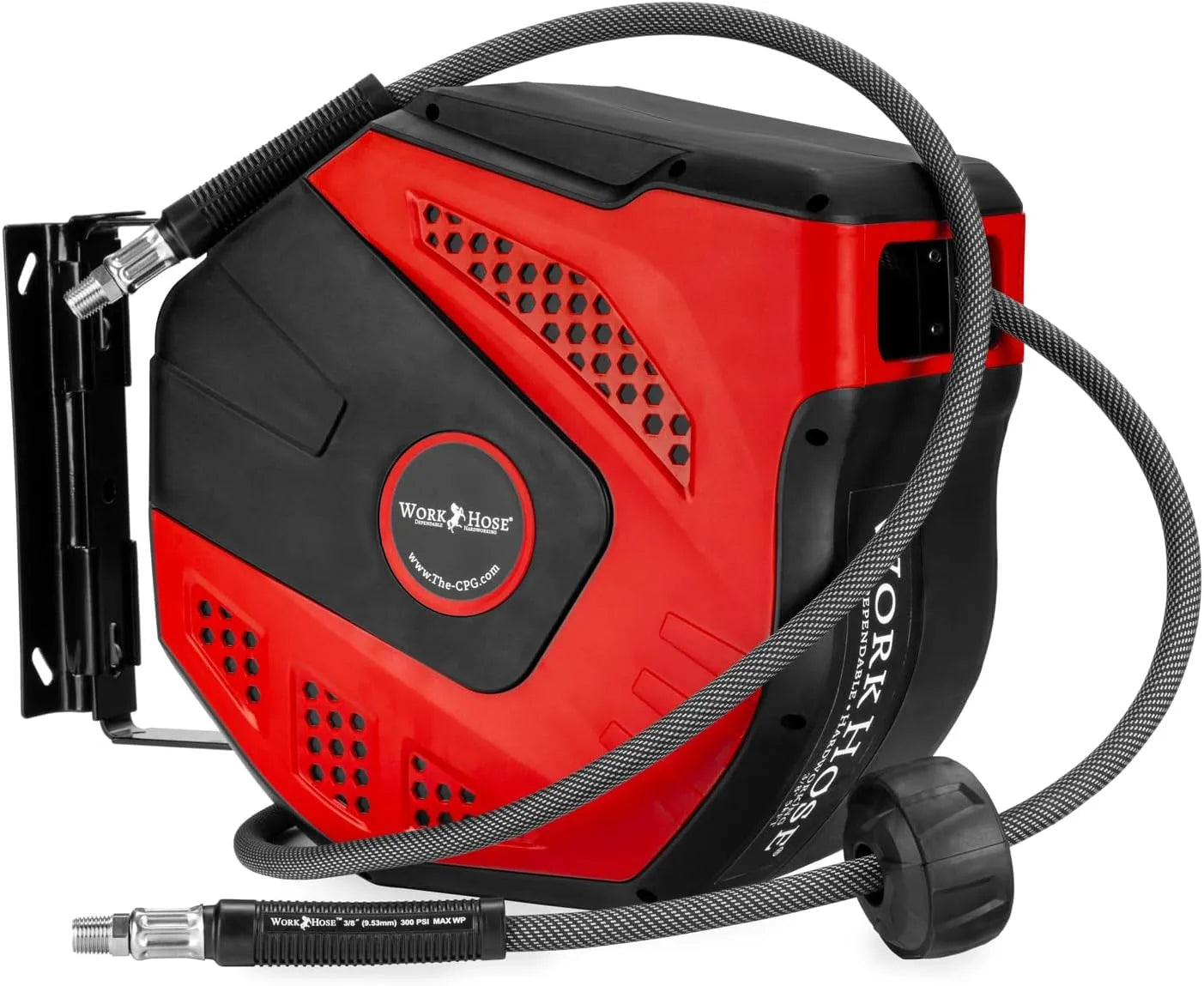 Work Hose 1600 Series air hose reel shown with 180 degree wall swivel bracket attached