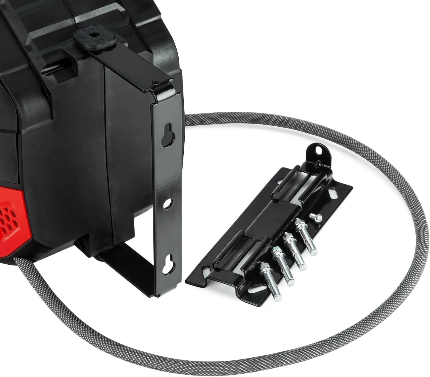 Work Hose air hose reel mounting plate shown with concrete wall expansion anchor bolts