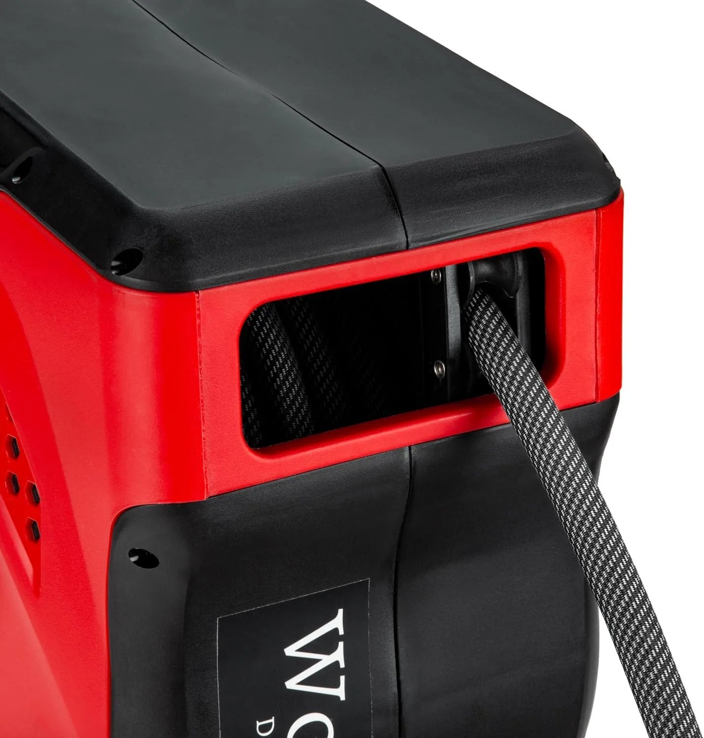 Close up view of the auto-stacking hose opening and roller mouth on Work Hose reel