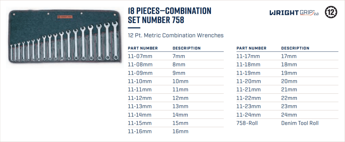 Wright Tool WRIGHTGRIP® 2.0 12 Point Combination Wrench Set 18 Pieces Metric 758 - Mr. Tools