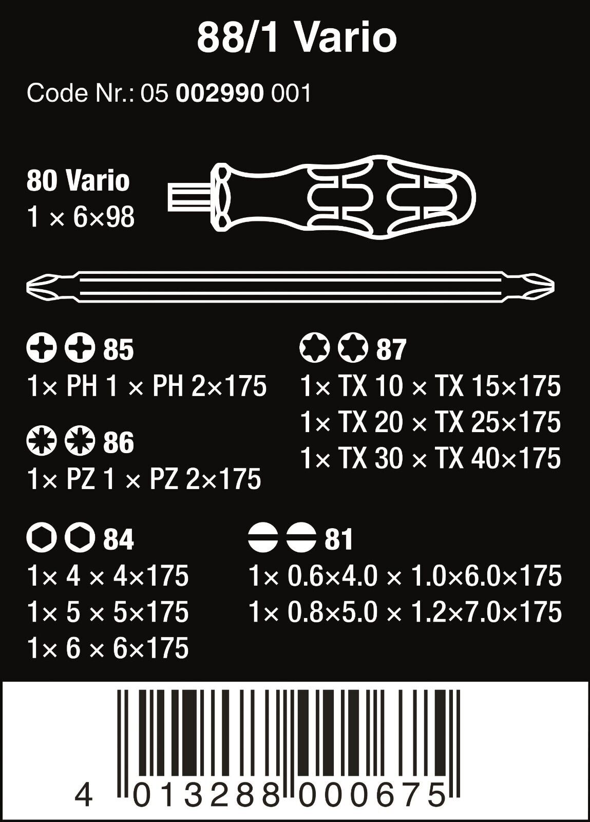 Wera 88/1 Vario Kraftform Kompakt Screwdriver Set 11 Pieces 05002990001