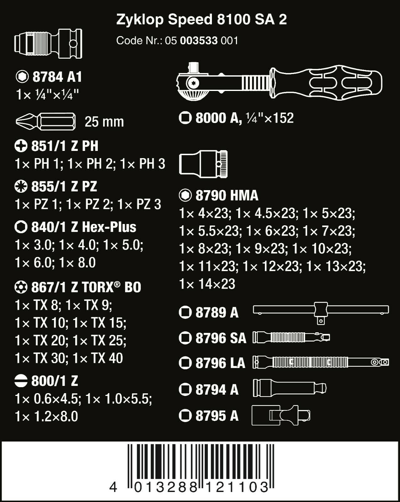 wera 8100 sa 2 zyklop socket wrench set 1/4" drive metric 42 pieces 05003533001