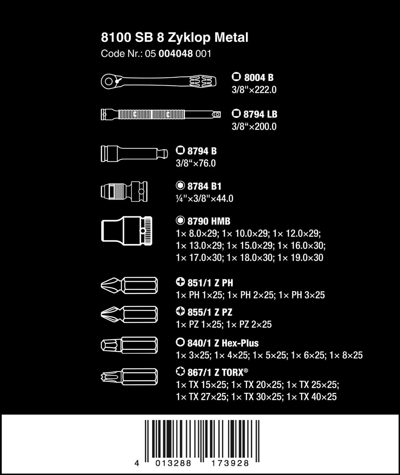 Wera 8100 SB 8 Zyklop Metal Switch Ratchet Set 3/8