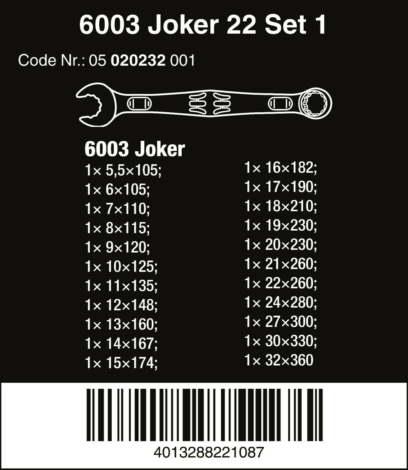 Wera 6003 Joker Combination Wrench Set 4 Piece SAE 05020229001