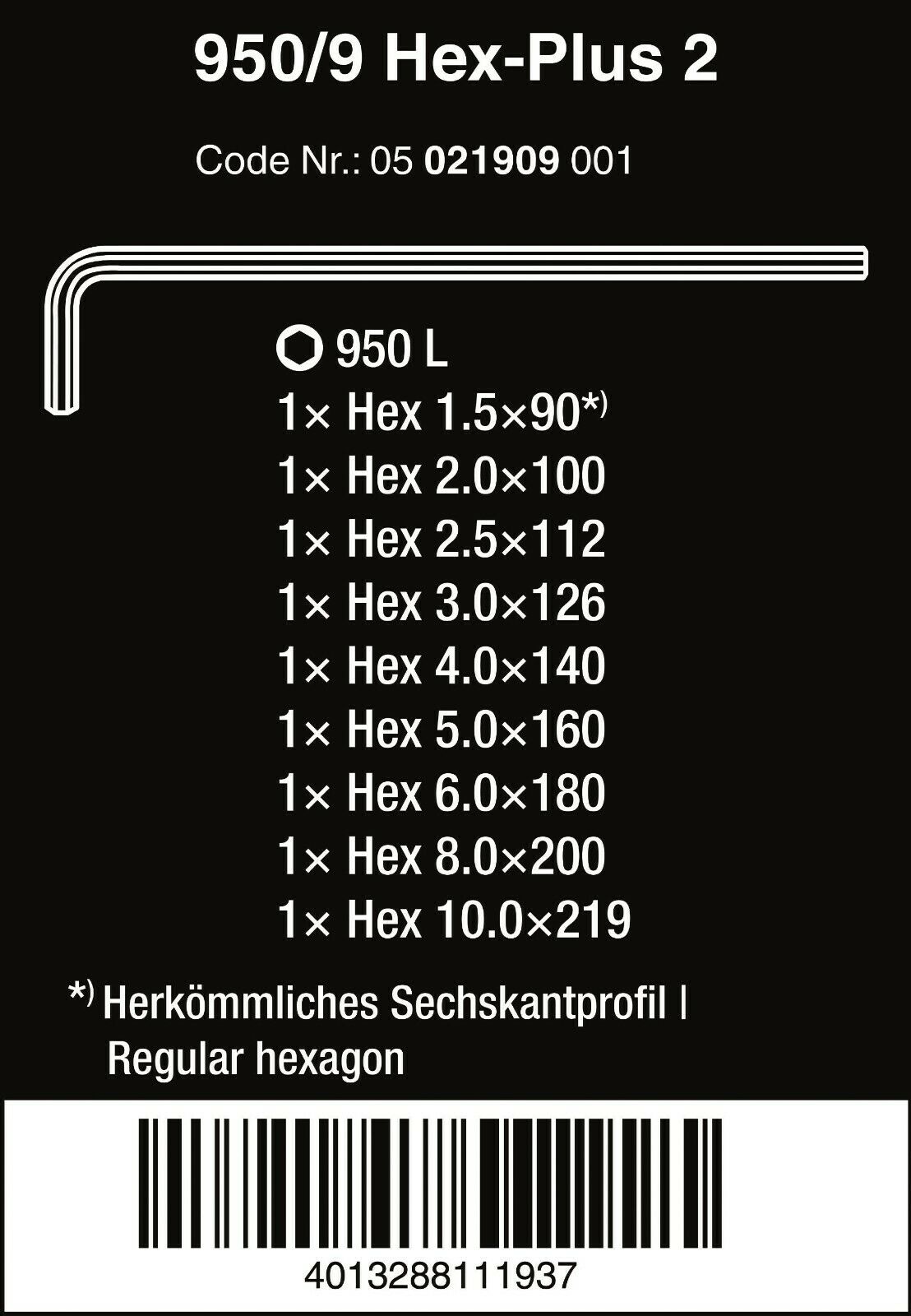 wera 950/9 hex-plus 2 l-key set chrome plated metric 9 pieces 05021909001