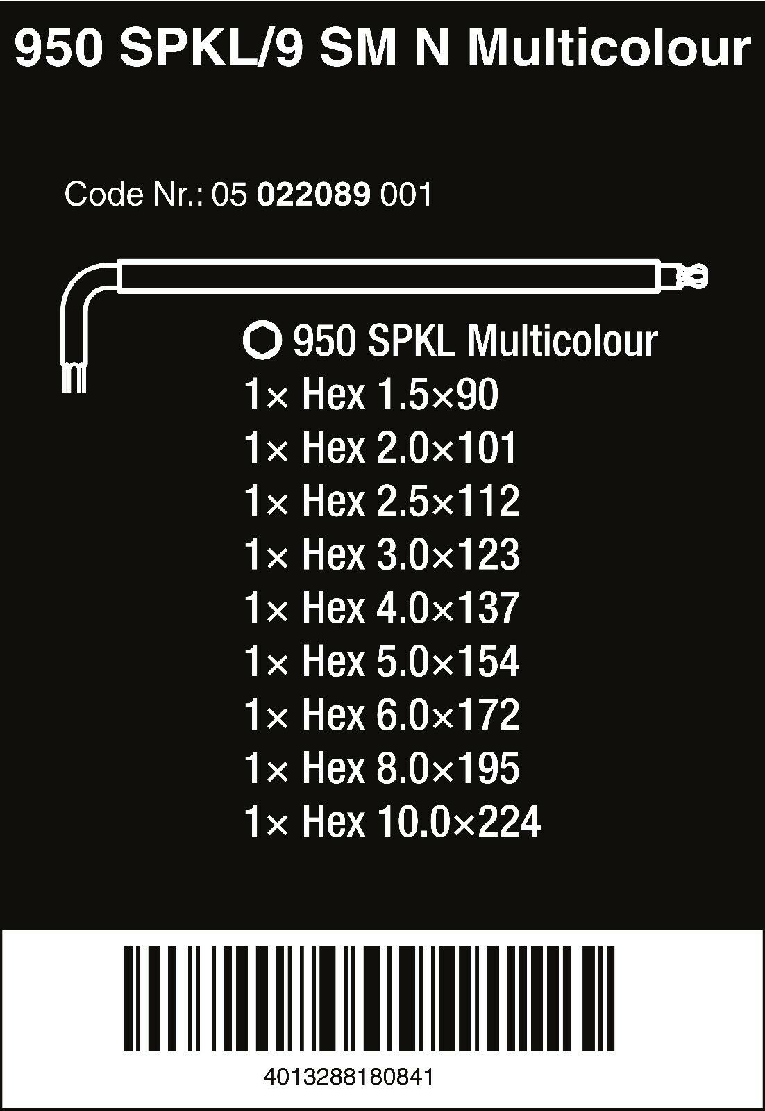 wera 950 spkl/9 sm n multicolour l-key set metric 05022089001
