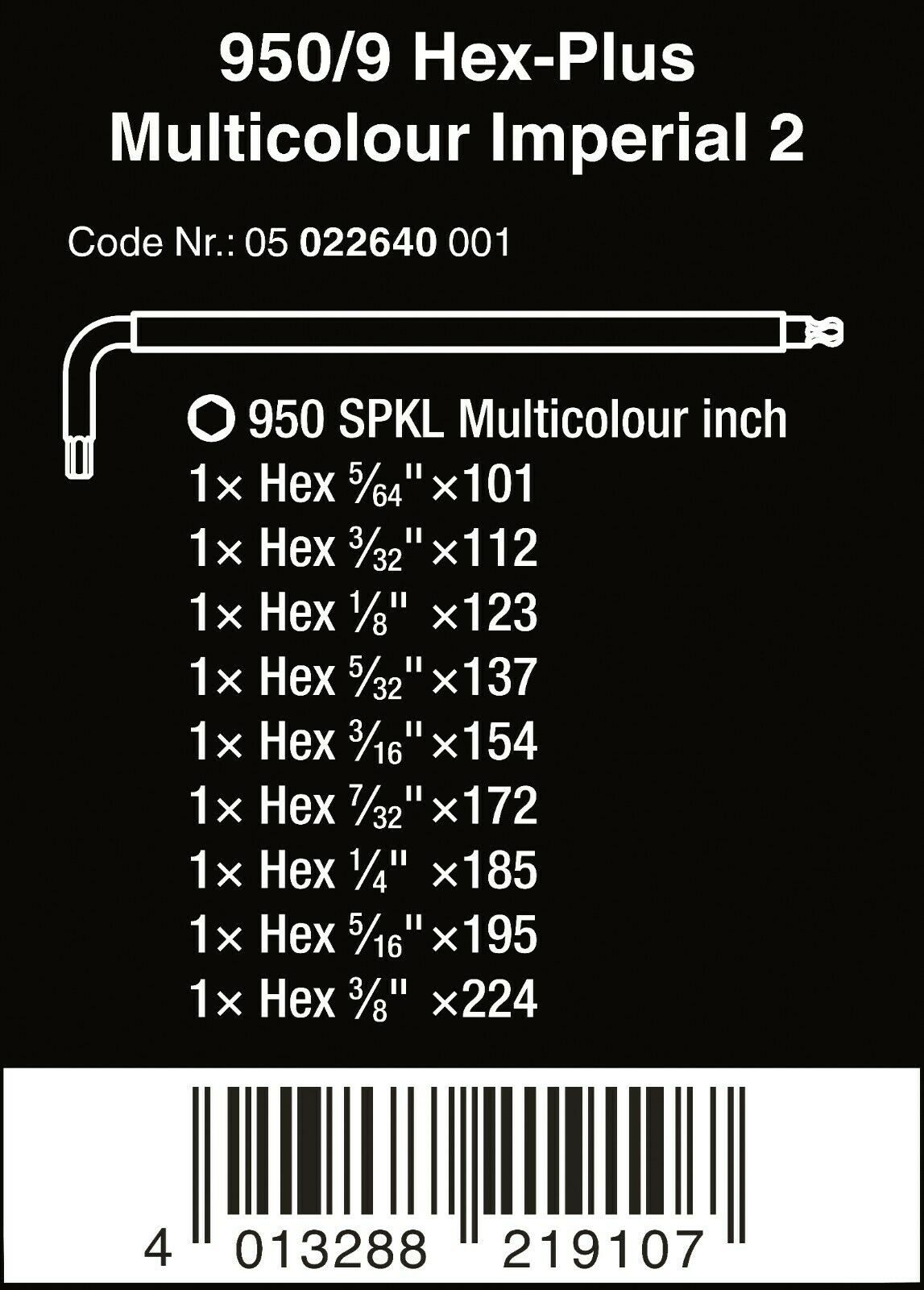 wera 950/9 hex-plus multicolor 2 l-key set sae 9 pieces 05022640001