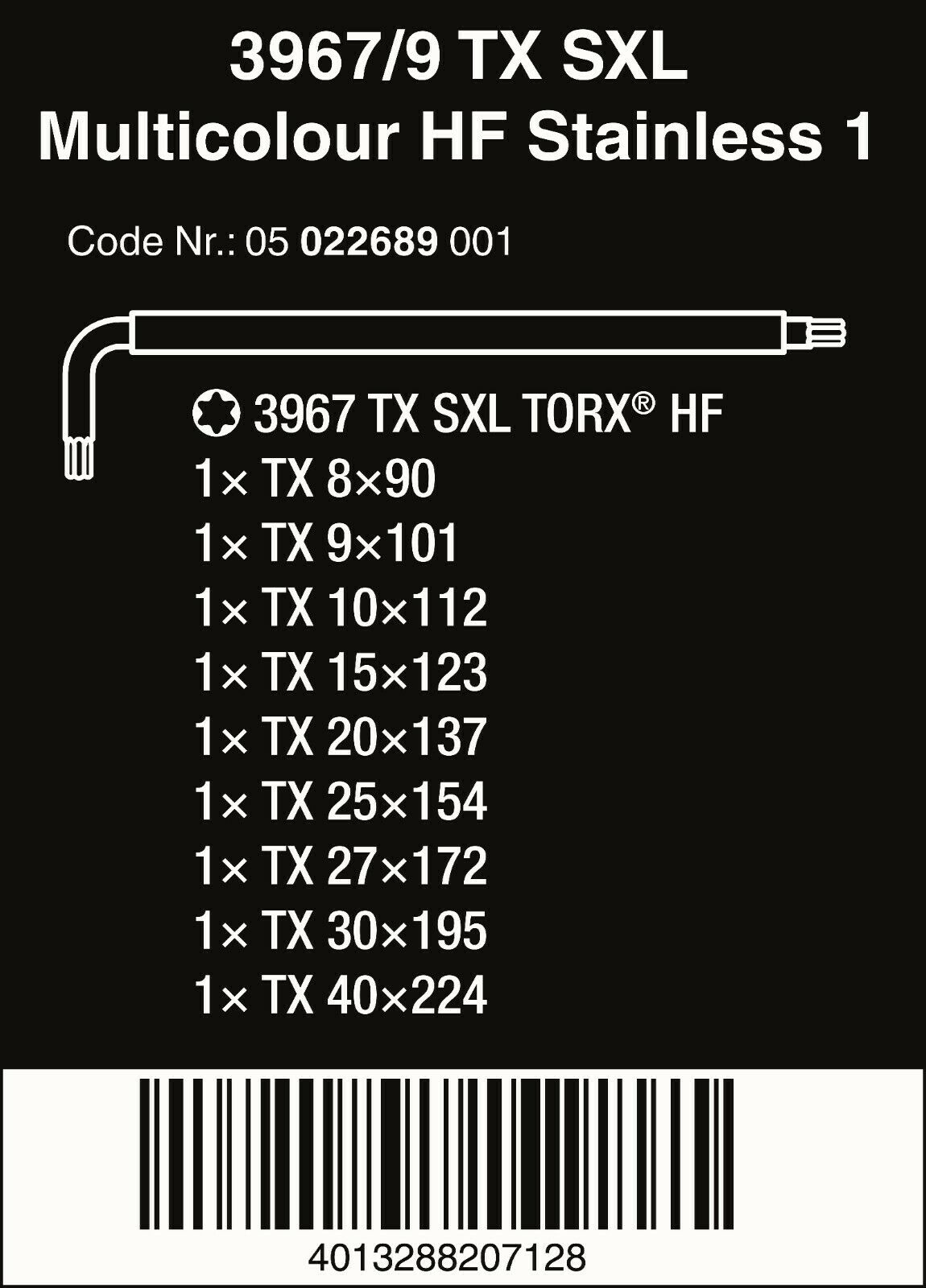 wera 3967/9 tx sxl multicolour hf stainless 1 torx® l-key set 05022689001