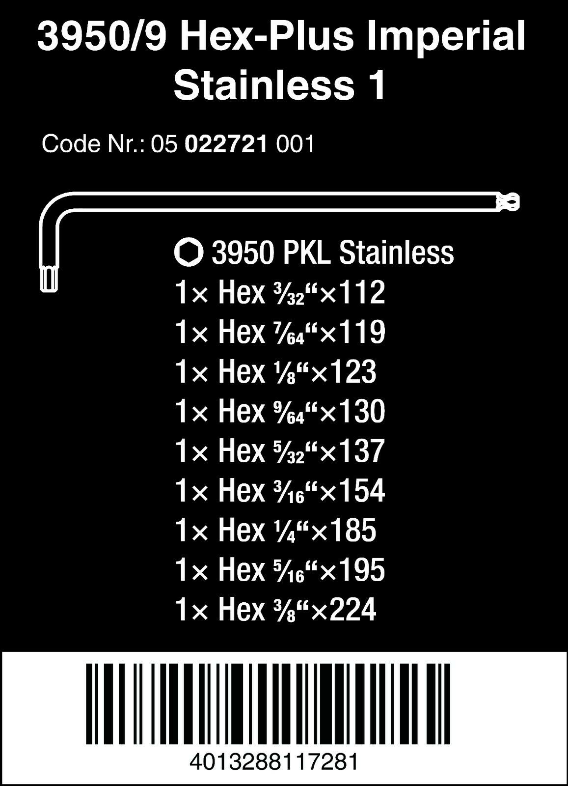 wera 3950/9 hex-plus stainless steel l-key set imperial 05022721001