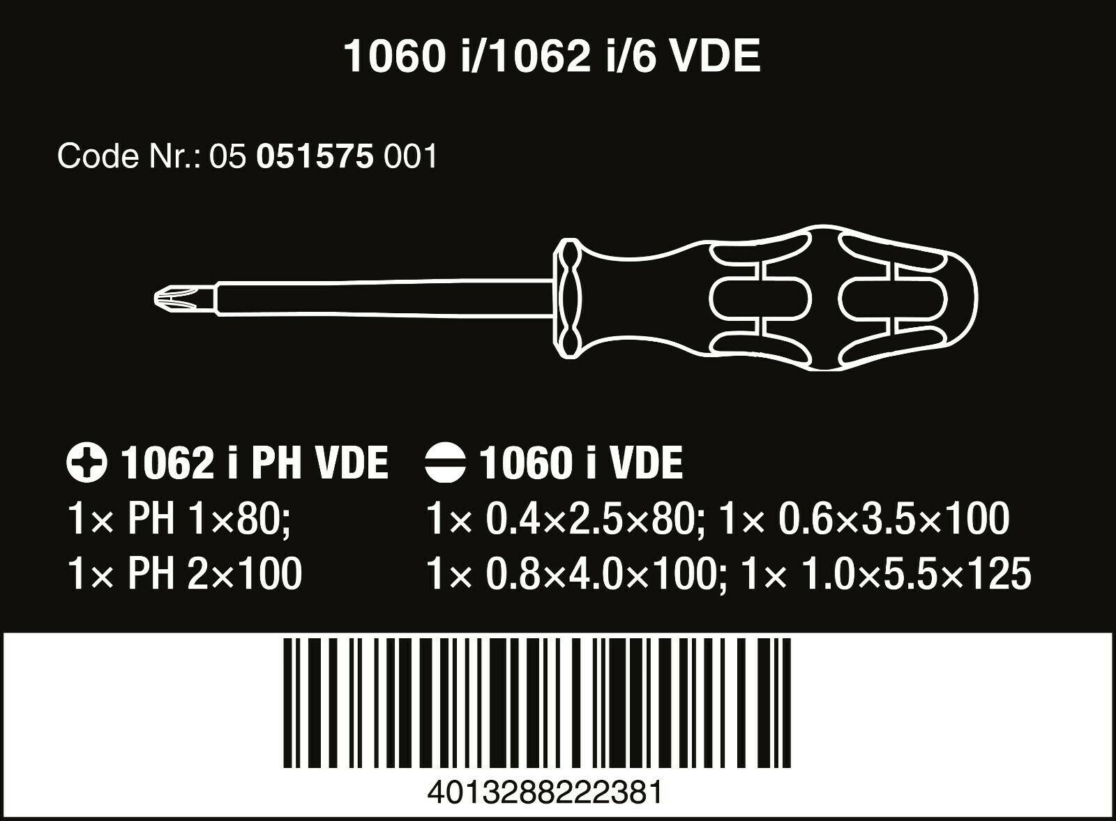 Wera 1060 i/1062 i/6 Kraftform VDE Screwdriver Set 6 Pieces 05051575001