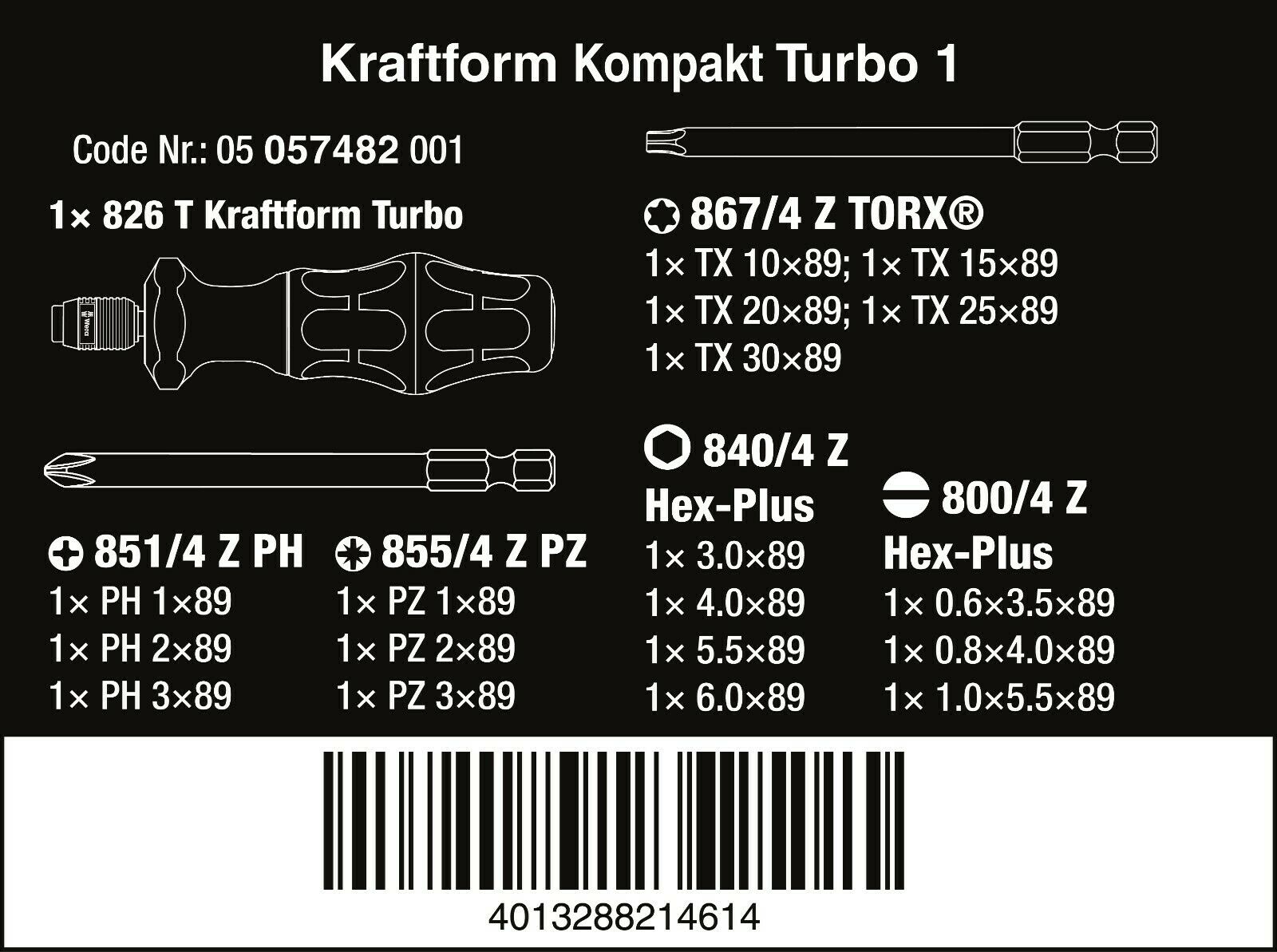 wera 826 t kraftform kompakt turbo 1 screwdriver set 19 piece metric 05057482001