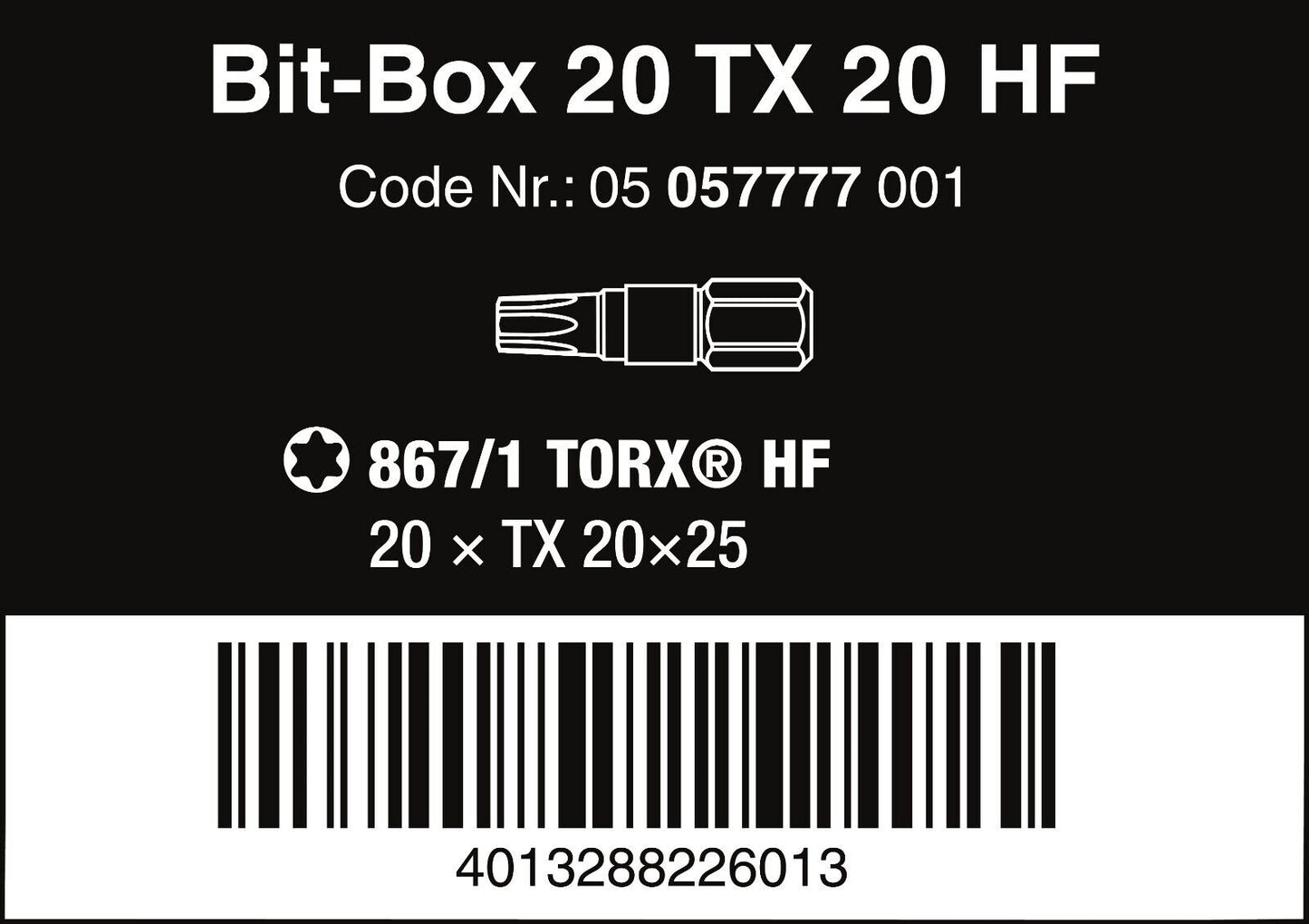 Wera Bit-Box 20 TORX® HF Bits HF TX 20 x 25mm 20 Pieces 05057777001