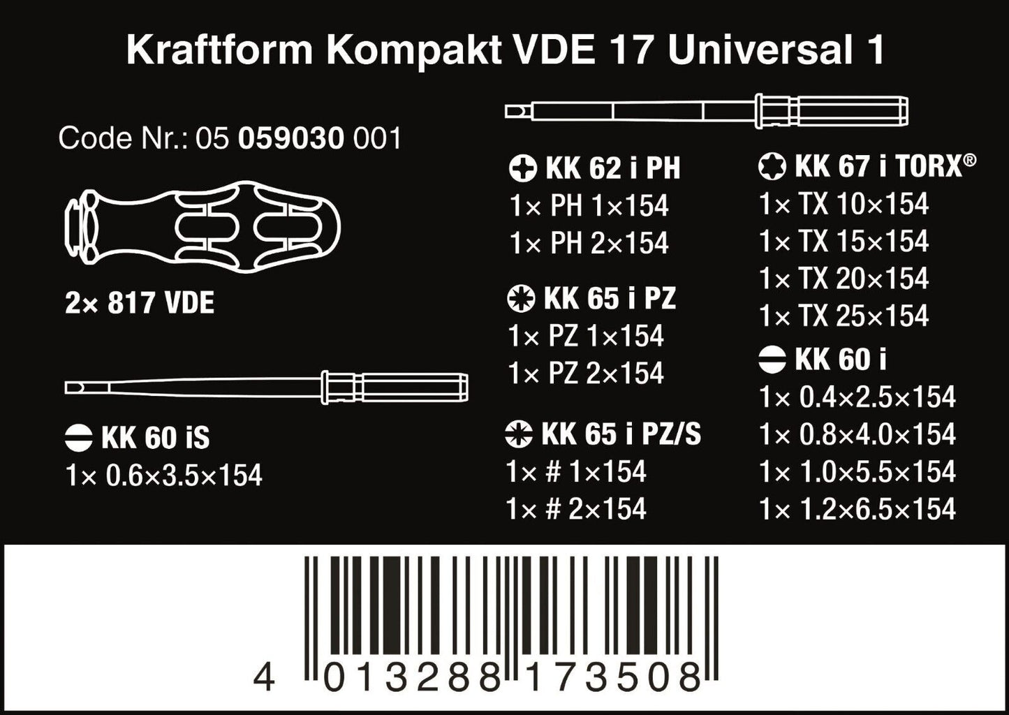 Wera Kraftform Kompakt VDE 17 Universal 1 Insulated Screwdriver Set 05059030001