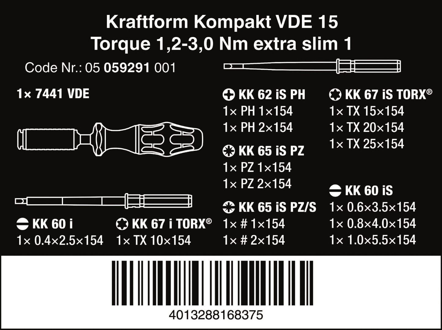 Wera Kraftform Kompakt VDE 15 Slim Insulated Torque Screwdriver Set 05059291001