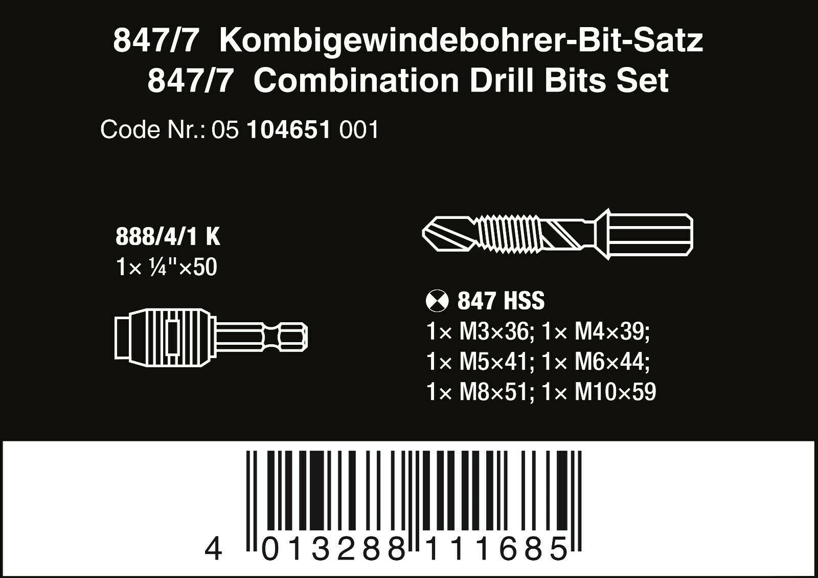 wera 847/7 combination countersink drill bit set 7 piece 05104651001
