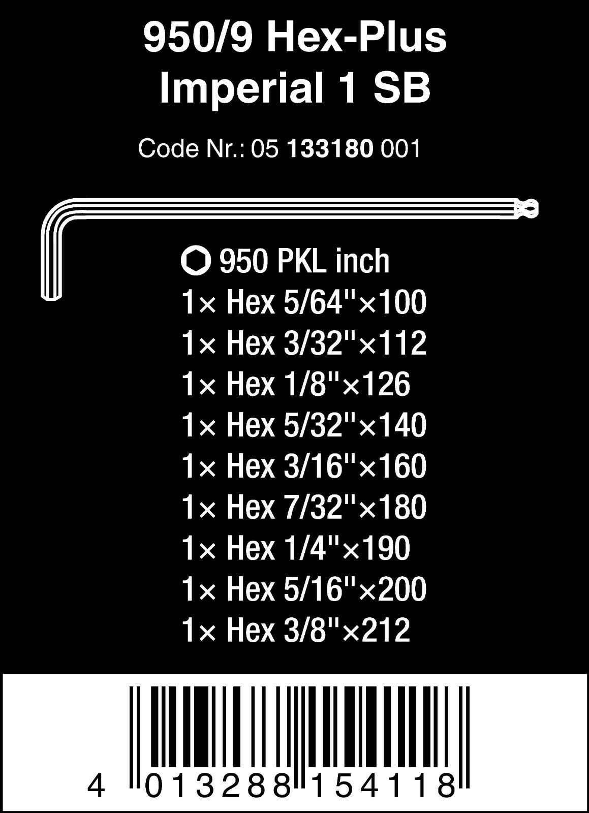 wera 950/9 hex-plus 1 sb l-key set imperial 05133180001