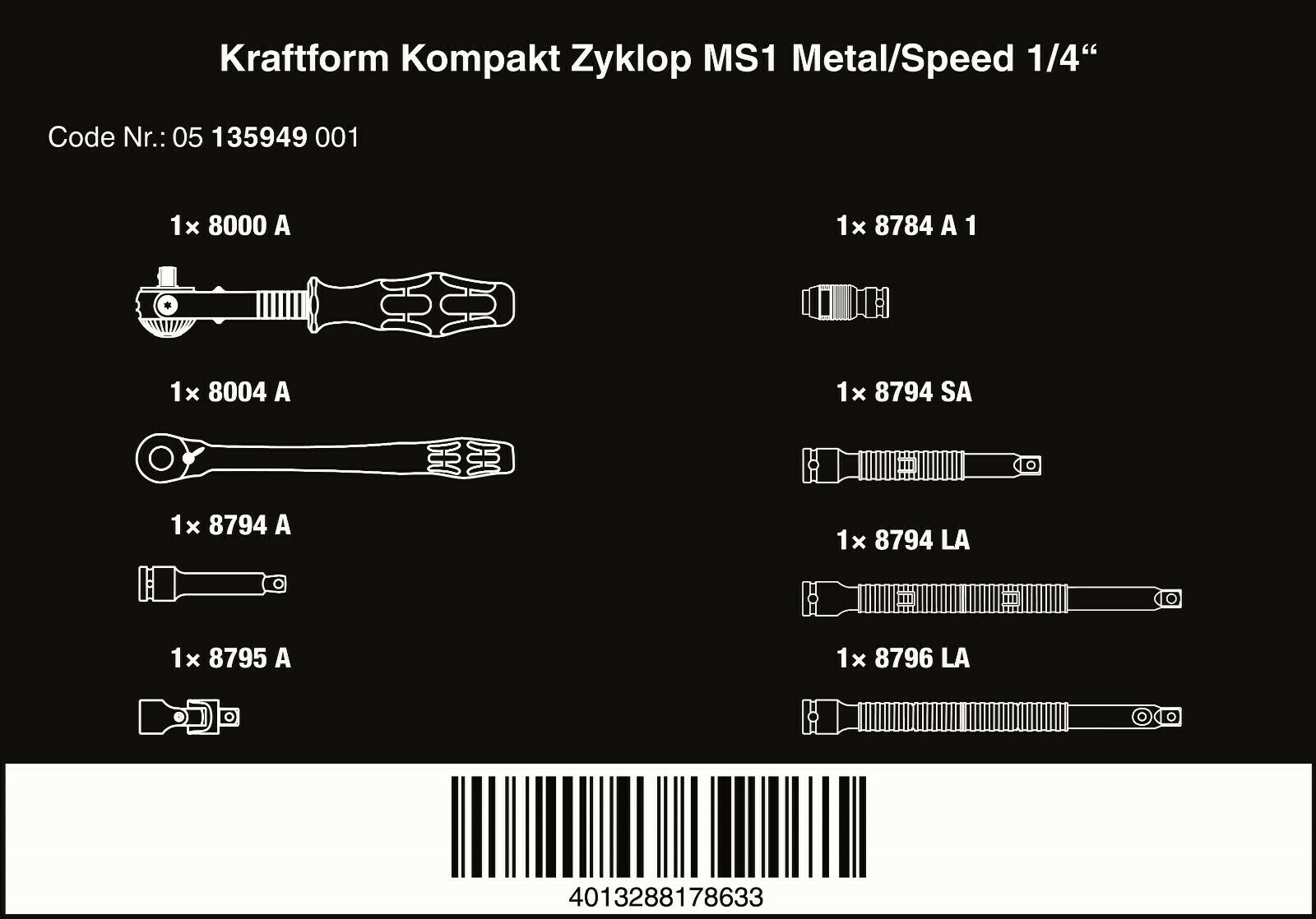wera kraftform kompakt zyklop ms1 metal speed socket wrench set 1/4" 05135949001