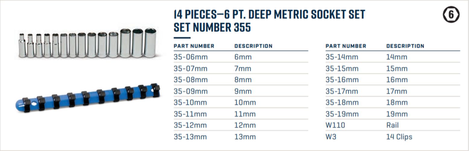 wright tool 6 point deep socket set 14 piece 3/8" drive metric 355