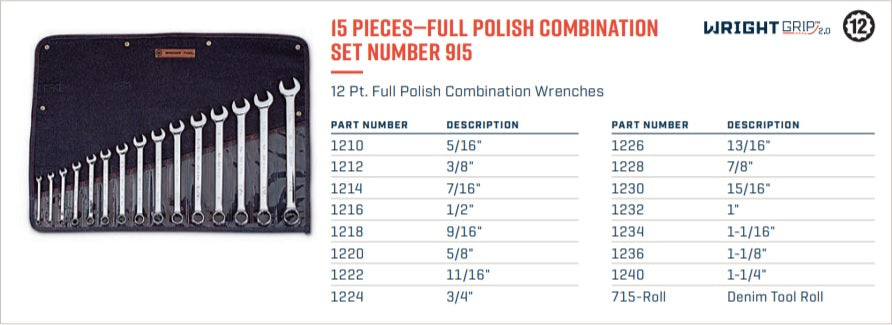 Wright Tool WRIGHTGRIP® 2.0 12 Point Combination Wrench Set 15 Piece SAE 915