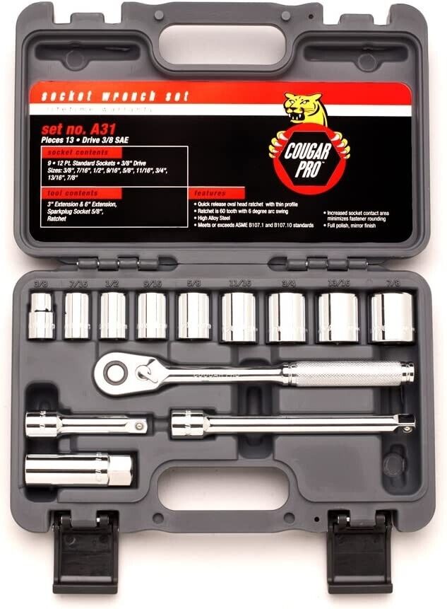 Cougar Pro Socket Wrench Box Set 13 Pieces 3/8" Drive SAE A31 - Mr. Tools