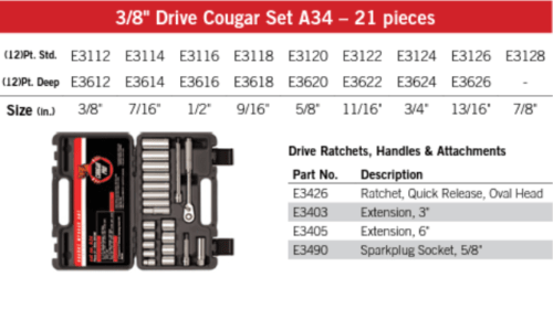 Cougar Pro Socket Wrench Set 3/8" Drive SAE 21 Pieces A34 - Mr. Tools