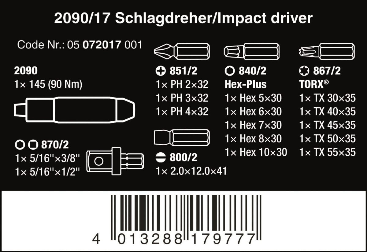 Wera 2090/17 Impact Driver Set 17 Pieces 05072017001 - Mr. Tools