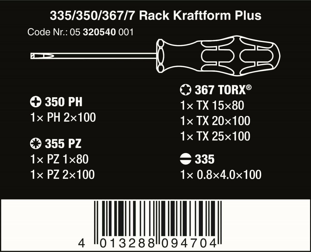 Wera 335/350/367/7 Kraftform Plus Lasertip Screwdriver Set 7 Piece 05320540001 - Mr. Tools