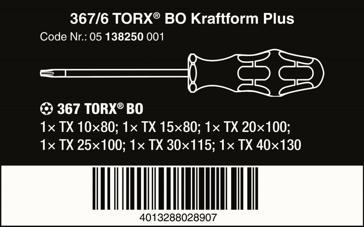Wera 367/6 BO Kraftform Plus Security TORX® Screwdriver Set 6 Piece 05138250001 - Mr. Tools